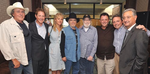 Pictured are (l-r): Bobby Bare; BMI Assistant Vice President Writer/Publisher Relations Clay Bradley; Theresa & Merle Haggard; Hank Cochran; songwriter Dale Dodson; BMI Vice President Writer/Publisher Relations Jody Williams and BMI President & CEO Del Bryant.  (Photo: Peyton Hoge)