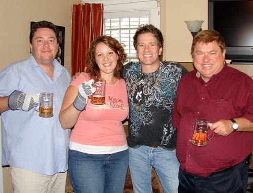 here's a shot of Greg Hanna with me, and Bobbe Morhiser and Jeff Walker. He stopped by to bring us beers and Greg Hanna "Mans Job" beer mugs and work gloves! can you us this? r