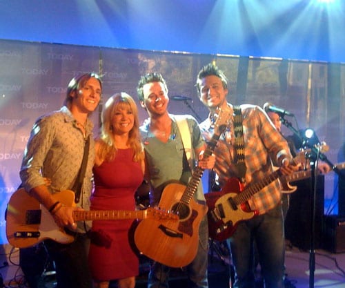 Love And Theft's Brian Bandas, Stephen Barker Liles and Eric Gunderson played their hit single "Runaway" on NBC's top-rated morning program the TODAY SHOW and were excited to meet host Kathie Lee Gifford. Love And Theft's debut album, World Wide Open, will be in stores Tuesday.