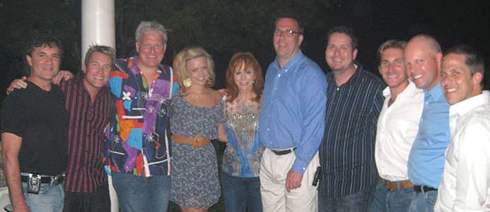 Reba welcomed Clear Channel national programmers and national voice-trackers to her Nashville home Monday evening following a day filled with interviews that will air on Clear Channel stations nationwide.  Pictured above (l-r): Valory’s Scott Borchetta, Joe Boxer, Michael J. Foxx, Valory’s JoJamie Hahr, Reba, Doug Montgomery, Billy Greenwood, Valory’s John Zarling, Clay Hunnicutt and Valory’s Jon Loba.