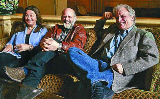 Photo of Rounder Records founders, from left, Marion Leighton-Levy, Ken Irwin, and Bill Nowlin after their label won the 2009 Grammys for album and record of the year. (Jonathan Alcorn, The Boston Globe) 