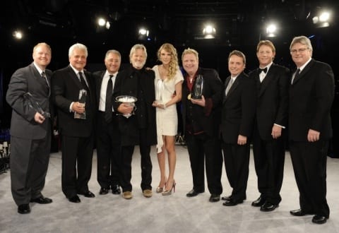 The night’s big winners at the 2009 BMI Country Awards in Nashville. (L-R): Troy Tomlinson, Pres./CEO Sony ATV Music Publishing Nashville; Martin Bandier, Chairman/CEO, Sony/ATV Music Publishing LLC; Del Bryant, BMI Pres./CEO; 2009 BMI Icon Kris Kristofferson; Song of the Year honoree Taylor Swift; Songwriter of the Year Bobby Pinson; Jody Williams, BMI VP Writer/Publisher Relations Nashville; Clay Bradley, BMI Asst. VP Writer/Publisher Relations Nashville; and Phil Graham, BMI Sr. VP Writer/Publisher Relations. Photo: John Russell