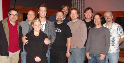 Daywind Records’ artist, Aaron and Amanda Crabb, were recently at Nashville's Sound Shop recording a brand new album. The album is being produced by Michael Sykes and can be expected to hit stores this spring. Pictured (L-R): Michael Turner, Gary Prim, Amanda Crabb, Aaron Crabb, Michael Sykes, Norman Holland, John Willis, Jeff King, Steve Brewster, and engineer. 