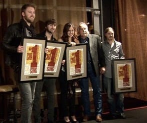 Lady A celebrated the success of their 5 week No. 1 single "Need You Now", in Nashville.  Pictured L-R: Charles Kelley, Dave Haywood, Hillary Scott, Steve Moore, Josh Kear.