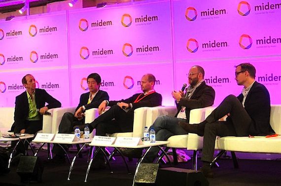 Pictured (L-R): moderator Tom Silverman, CEO of Tommy Boy and executive director of the New Music Seminar; Daren Tsui, CEO of Mspot, Samsung’s music hub; Ken Parks, chief content officer and managing director of Spotify; Patrick Walker, YouTube’s senior director of music content partnerships for Europe Middle East & Africa; and Mark Piibe, Sony Music’s exec VP of global business development and digital strategy.