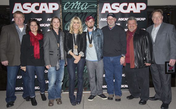 Pictured (L-R): ASCAP's Mike Sistad, Big Yellow Dog's Carla Wallace, co-writer Josh Kear, Carrie Underwood, co-writer Chris Tompkins, producer Mark Bright, Big Loud Shirt's Craig Wiseman and Sony Music Nashville's Gary Overton