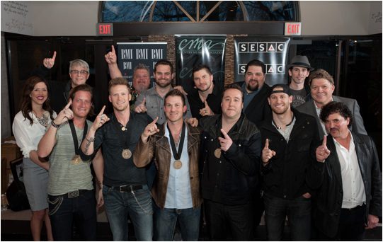 Pictured (L-R): Front Row – BMI's Penny Everhard; Florida Georgia Line's Tyler Hubbard and Brian Kelley; co-writers Jesse Rice, Joey Moi, and Chase Rice; and Big Machine Label Group's Scott Borchetta; Back Row (l-r): Republic Nashville's Jimmy Harnen; Big Loud Mountain's Craig Wiseman, Seth England, and Kevin "Chief" Zaruk; SESAC's Tim Fink; Artist Revolution Publishing's Sam Brooker; and BMI's David Preston. Photo Credit: Steve Lowry
