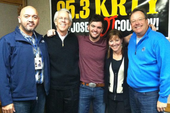 Sidewalk Records' Dylan Scott stopped for a visit with San Jose station, KRTY. Pictured (L-R) Roger Fregoso (Sidewalk Records), Jim Ed Norman, Dylan Scott, Julie Stevens (KRTY PD/MD/Mornings) and Nate Deaton (KRTY GM) 