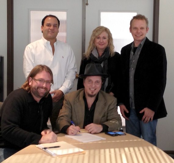 Pictured, Standing (L-R): Jason Morris, Jewel Coburn, and Lucky Diamond Music writer/manager Cory Gierman. Seated: attorney Chip Petree and Lawson.