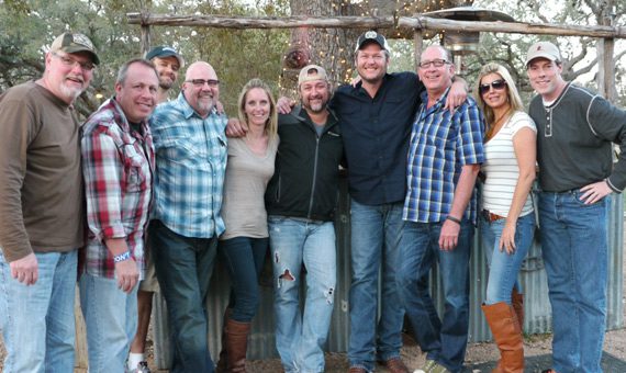 Blake Shelton spent time with in San Antonio, while he previewed his forthcoming CD, Based On A True Story… for radio programmers. Pictured (L-R): Bill Black (WKSJ), Don Gosselin (WNOE), Chad Schultz (WMN), Kevin Herring (WMN), Kristen Williams (WMN), Chris Stacey (WMN), Blake Shelton, John Esposito (WMN), Kris Daniels (WQNU), and Travis Moon (KAJA).
