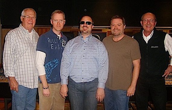 Pictured (L-R): Bob Rodgers (artist manager), Scott Williamson (instrumentalist), Mote, Frank Rogers (producer), and Ken Harding (president of New Haven Records). 