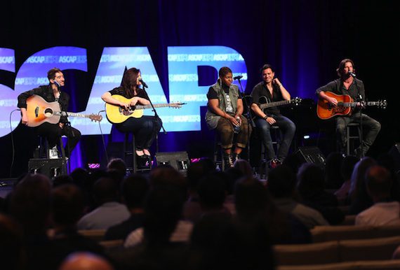 Pictured (L-R): ASCAP songwriters Tom Higgenson (Plain White T's), Brandy Clark, Stacey Barthe (with guest guitarist) and Brett James participate in "The Writers Jam" closing panel at the 8th annual ASCAP "I Create Music" EXPO.  (Photo by Brian Dowling/Invision for ASCAP/AP Images) 