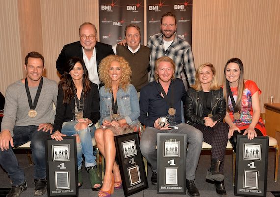  Pictured are, back row (l-r): Capitol Nashville’s Mike Dungan, BMI’s Jody Williams, and EMI Blackwood Music’s Josh Van Valkenberg; front row (l-r): Little Big Town’s Jimi Westbrook, Karen Fairchild, Kimberly Schlapman and Phillip Sweet; and co-writers Delta Maid and Natalie Hemby. Photo by Rick Diamond
