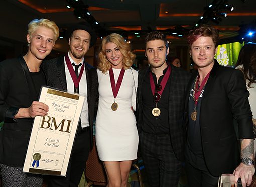 From left: Ryan Keith Follese, Gavin DeGraw, Amy Heidemann and Nick Louis Noonan of the pop duo Karmin and Nash Overstreet (Chelsea Lauren/Getty Images for BMI)