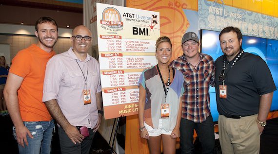 Pictured (L-R): Drew Baldridge, AT&T’s Sean Mitchell, BMI’s Penny Everhard, Adam Craig & BMI’s Mason Hunter at the AT&T Showcase Stage presented by BMI.