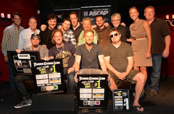 Pictured (L-R): co-writer Chris Tompkins, Florida Georgia Line’s Tyler Hubbard and Brian Kelley, and co-writer Rodney Clawson; (back row, l-r): ASCAP’s Michael Martin, BMI’s Jody Williams, Big Machine Label Group’s Scott Borchetta, Big Loud Mountain’s Kevin (Chief) Zaruk, producer Joey Moi, Big Loud Shirt’s Craig Wiseman and Seth England, Republic Nashville’s Jimmy Harnen, BMI’s Penny Everhard, and ASCAP’s Mike Sistad. Photo by Rick Diamond