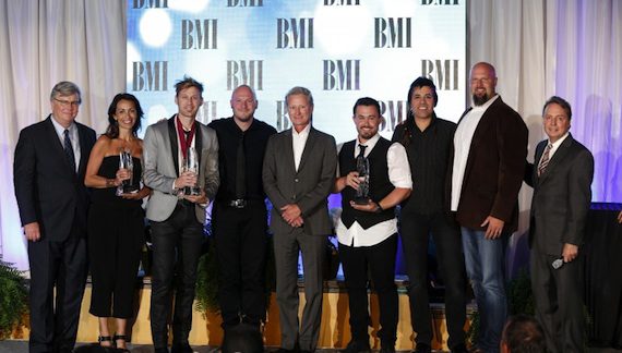 Building 429 is honored for Song of the Year ("Where I Belong"). Pictured are (l-r): BMI's Phil Graham, Provident Music Group's Holly Zabk, Building 429's Jason Roy and Aaron Branch, Provident Music Group's Terry Hemmings, Building 429's Michael Anderson and Jesse Garcia, Provident Music Group's Devon DeVries, and BMI's Jody Williams. Photo: John Russell.