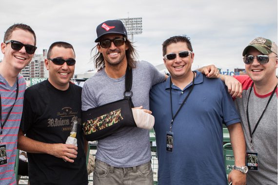Before playing to a sold out crowd at Fenway Park, RCA Nashville's Jake Owen spent time with radio friends from KSD, WTHT, and WCKT. Pictured (L-R): Dusty Panhorst, (MD KSD), Corey Garrison (PD/MD WTHT Portland), Jake Owen, Steve Stewart, (PD KSD St Louis) Todd Nixon (PD WCKT Ft Myers). Photo: Angelynn Edwards Tinsley