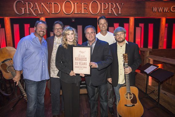 Alison Krauss and Union Station with Grand Ole Opry Vice President and General Manager Pete Fisher. Photo: Chris Hollo