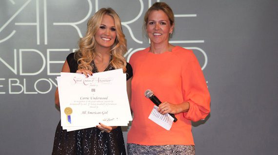 Pictured (L-R): BMI’s Associate Director of Writer/Publisher Relations Leslie Roberts with Carrie Underwood. Photo: Chris Hollo
