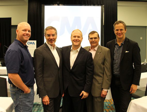 Pictured (L-R): Clay Hunnicutt, CMA Board member and Clear Channel Executive Vice President of Programming; Bob Pittman, Clear Channel Chairman and Chief Executive Officer; Troy Tomlinson, CMA Chairman of the Board of Directors and CEO of Sony/ATV Music Publishing; Ed Hardy, CMA President of the Board of Directors; Tom Poleman, Clear Channel President of National Programming.Photo: Christian Bottorff / CMA