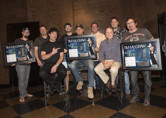 Pictured (Back row, L-R): co-writers Chris Tompkins, Rodney Clawson and Luke Laird; Universal Music Publishing’s Kent Earls and Freeman Wizer; (Front row, L-R): Big Machine Label Group’s Scott Borchetta, Tim McGraw, BMI’s Jody Williams and producer Byron Gallimore. 