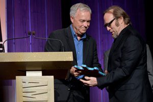 MTSU Mass Communication Dean Ken Paulson presented the Spirit of Americana Freedom of Speech Award to artist Stephen Stills Wednesday night at the association’s Honors & Awards show at the Americana Music Festival. The award is given by the association and the First Amendment Center. Photo: Getty Images