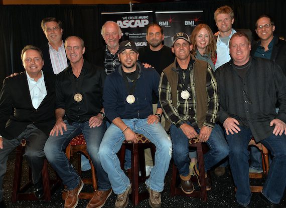 BMI, ASCAP, Broken Bow Records and Music Row gathered at Nashville’s The Pub in the Gulch to toast the team behind Jason Aldean’s No. 1 song “Night Train.” The song was co-written by Michael Dulaney and Neil Thrasher. Pictured (back row, l-r): peermusic's Kevin Lamb, Broken Bow Records' Benny Brown, producer Michael Knox, Warner-Tamerlane's Alicia Pruitt, BMG Chrysalis’ Kos Weaver, and Broken Bow Records' Jon Loba; (front row, l-r): BMI's Jody Williams, co-writer Michael Dulaney, Jason Aldean, co-writer Neil Thrasher, and ASCAP's Mike Sistad. Photo credit: Rick Diamond 