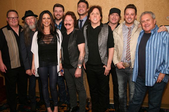 (L-R):  Sony Music Nashville Chairman & CEO Gary Overton, the Doobie Brothers’ Patrick Simmons, Sara Evans, Chris Young, Doobie Tom Johnston, Love and Theft’s Eric Gunderson, Doobie John McFee, Jerrod Niemann, Love and Theft’s Stephen Barker Liles, and Doobie Brothers Manager Bruce Cohen. Photo:  Larry Boothby