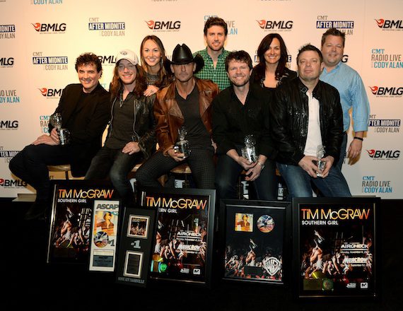 Pictured are (back row, L-R): ASCAP's Evyn Mustoe, Ryan Beuschel, and LeAnn Phelan, and BMI's Bradley Collins; (front row, L-R): Big Machine Label Group President & CEO Scott Borchetta, co-writer Jaren Johnston, Tim McGraw, and co-writers Lee Thomas Miller and Rodney Clawson. Photo by Rick Diamond