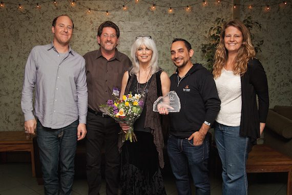 Pictured (L-R): Greg Siegel, Sr. VP, Live Nation; Rick Merrill, general manager, Wiltern Theatre;  Emmylou Harris; Marc Peralta, executive director, Best Friends – Los Angeles; and Amy Wolf, celebrity and entertainment relations manager, Best Friends Animal Society.