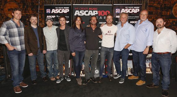 Pictured (l-r): ASCAP's Ryan Beuschel, Warner/Chappell Music's Ben Vaughn, Cornman Music's Nate Lowery, producer Ross Copperman, ASCAP's LeAnn Phelan, Brett James, Dierks Bentley, Combustion Music's Chris Farren, Universal Music Group's Mike Dungan and producer Arturo Buenahora. Photo by Ed Rode. 