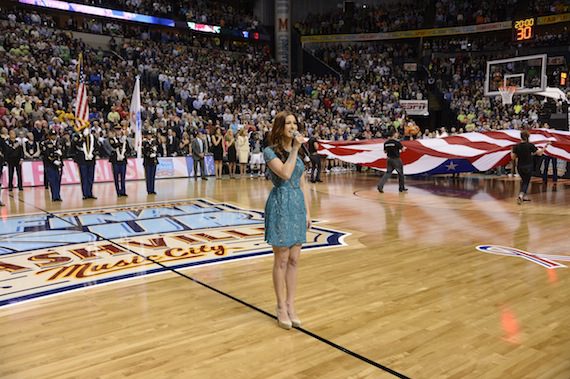 Cassadee Pope performs before The University of Connecticut takes on Notre Dame University during the Division I Women's Basketball Championship at Bridestone Arena in Nashville. Photo: Jamie Schwaberow/NCAA Photos