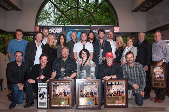 Pictured are (Front, L-R): Big Machine Music Publishing's Mike Molinar, Big Machine Label Group President & CEO Scott Borchetta, "Drunk Last Night" songwriters Josh Osborne and Laura Veltz, and Republic Nashville's Jimmy Harnen and Matthew Hargis. (Back, L-R): Producers Frank Liddell and Justin Niebank, Warner/Chappell's BJ Hill, BMI's Leslie Roberts, ASCAP's LeAnn Phelan, Eli Young Band, manager George Couri, Big Machine Label Group's Allison Jones, Black River Publishing's Celia Froehlig and Gordon Kerr, and BMI's Jody Williams. Photo credit: Steve Lowry