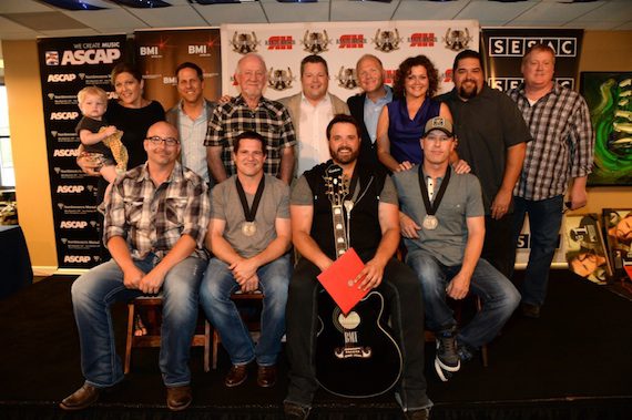 Pictured-Back row (L-R): Senior Director, Writer/Publisher Relations of SESAC Shannan Hatch with son Henry; BBR Music Group Executive Vice President Jon Loba; BBR Music Group President/CEO Benny Brown; Senior Director, Writer'Publisher Relations of BMI Bradley Collins; President/CEO of Sony ATV Troy Tomlinson; VP Publishing, Magic Mustang Music Juli Newton-Griffith; Vice-President, Writer/Publisher Relations of SESAC Tim Fink, Senior Creative Director of ASCAP Mike Sistad.Front row (L-R): Producer Derek George, Rob Hatch, Randy Houser, Jason Sellers. Photo credit: Rick Diamond