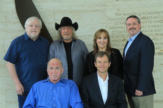 Pictured, (back row, L-R): Nashville Songwriiters Hall of Fame Board Chair and Hall of Fame member Pat Alger; inductees John Anderson and Gretchen Peters and Hall of Fame executive director Mark Ford. Front row, (L-R): Inductees Paul Craft and Tom Douglas.