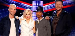 Pictured (L-R): The Voice's Adam Levine, Gwen Stefani, Pharrell Williams, and Blake Shelton.