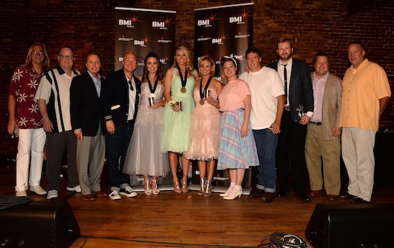 Pictured (l-r): producer Chuck Ainlay, Sony Music Nashville's Gary Overton, BMI's Jody Williams, Sony ATV Music Publishing's Troy Tomlinson, co-writers Natalie Hemby and Nicolle Galyon, Miranda Lambert, Sony ATV Music Publishing's Abbey Adams, producer Frank Liddell, Warner/Chappell Music's BJ Hill, BMI's Bradley Collins, and Sony Music Nashville's Keith Gale.