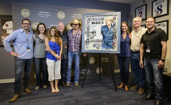 Pictured (L-R):  Jonathan Lamy (Executive Vice President, Communications, RIAA), Cara Duckworth Weiblinger (Vice President, Communications, RIAA), Lee Adams (VP of National Promotion, Broken Bow Records), Benny Brown (President/CEO, Broken Bow Records), Jason Aldean, Liz Kennedy (Director, Communications and Gold & Platinum Program, RIAA), Rick Shedd (GM, Broken Bow Records) and Jon Loba (Executive Vice President, Broken Bow Records).