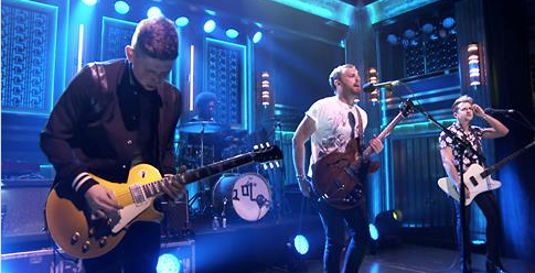 Nashvillians Kings of Leon played Fallon last night with Questlove sitting in on drums for Nathan Followill, who is recovering from an injury.
