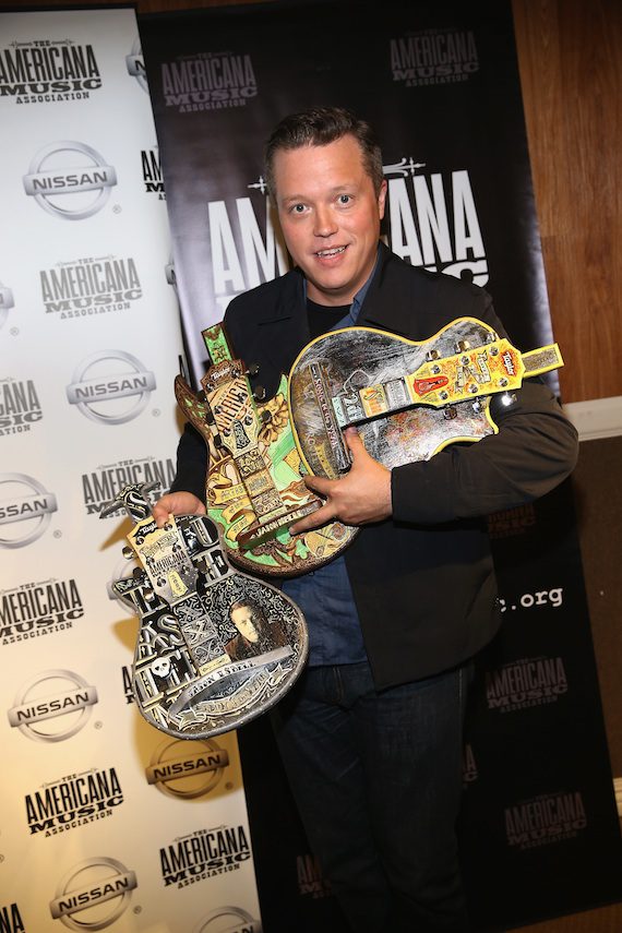 The evening's big winner Jason Isbell shows off his three honors backstage. Photo: Getty Images