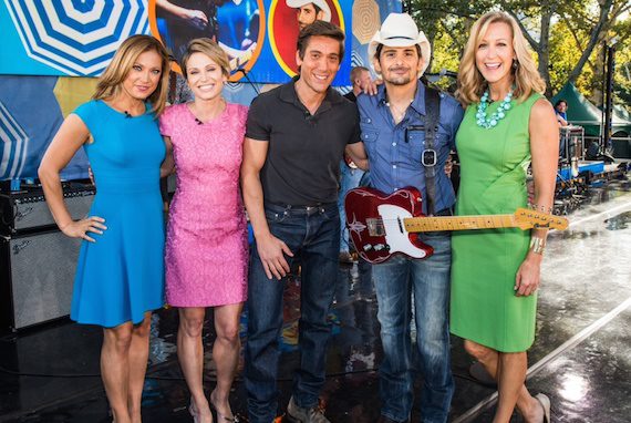 Pictured (L-R):  GMA’s Ginger Zee, Amy Robach, and David Muir; Paisley; and GMA’s Lara Spencer.