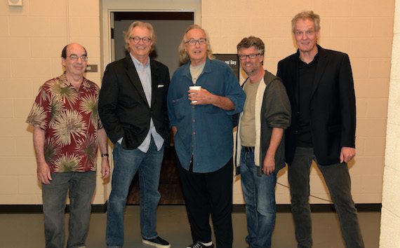 Pictured (L-R): Music journalist and author Barry Mazor, the Country Music Hall of Fame and Museum’s Kyle Young, Ry Cooder, the Americana Music Association’s Jed Hilly and Mark Moffatt backstage. Photo: Rick Diamond