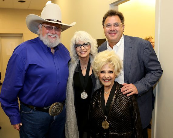 Charlie Daniels, EmmyLou Harris, Brenda Lee, and Vince Gill backstage at the 2014 Country Music Hall of Fame Induction Ceremony. Photo: Terry Wyatt