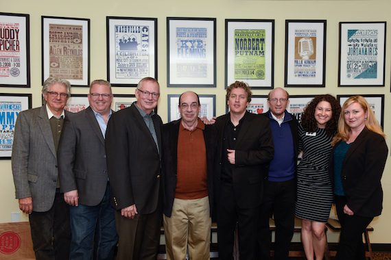 Pictured (L-R): Drummer Larry Atamanuik and bassist Mike Bub; Ralph Peer II; Barry Mazor; band leader Shawn Camp; Country Music Hall of Fame and Museum historian John Rumble and manager of public progams Abi Tapia; fiddler-guitarist Laura Cash.