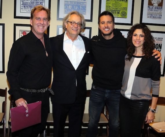 Pictured (L-R): Live Nation's Brian O'Connell, Country Music Hall of Fame and Museum's Kyle, Luke Bryan and manager Kerri Edwards. Photo:  Alan Poizner