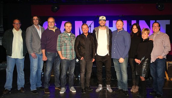 Pictured (l-r): Three Mules Music's Chris Hunter; Country Aircheck's Chuck Aly; Universal Music Group's Mike Dungan; producer Zach Crowell; co-writers Shane McAnally, Sam Hunt and Josh Osborne; ASCAP's LeAnn Phelan; Black River Publishing's Celia Froehlig; and Universal Music Publishing's Kent Earls. Photo by Alan Poizner.  