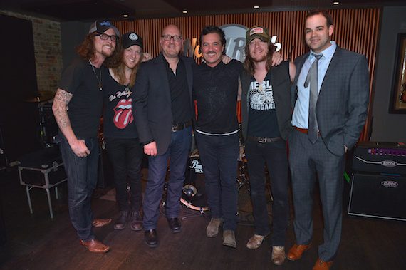 Pictured (L-R): The Cadillac Three’s Kelby Ray and Neil Mason, BMR SVP Promotion, Jack Purcell, BMLG President & CEO Scott Borchetta, The Cadillac Three’s Jaren Johnston and Triple8 Management’s Bruce Kalmick. 