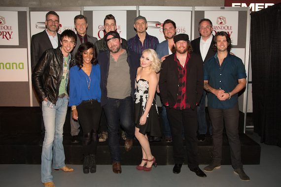 Top Row: Steve Buchanan (President Opry Entertainment Group), Bill Cody, Chase Bryant, Jon Jones, Mike Eli, Pete Fisher (Opry Vice President & General Manager) Front Row: Mo Pitney, Mickey Guyton, Lee Brice, RaeLynn, James Young, Chris Thompson. Photo: Chris Hollo/Grand Ole Opry