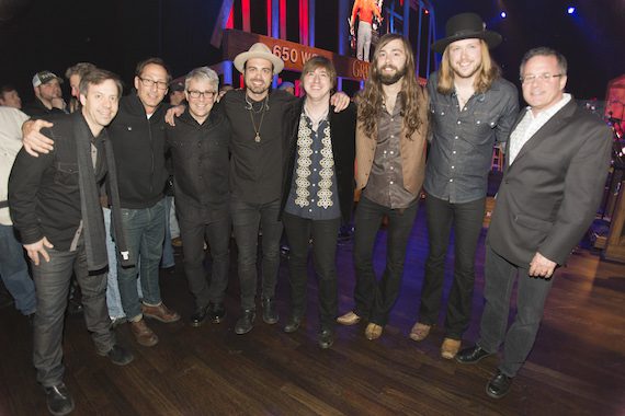 Pictured (L-R): Republic Nashville's Matthew Hargis, McGhee Ent.'s Scott Mcghee, Republic Nashville's Jimmy Harnen, A Thousand Horses: Zach Brown, Bill Satcher, Graham DeLoach and Michael Hobby, and the Grand Ole Opry's Pete Fisher Photo: Chris Hollo
